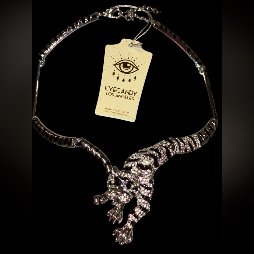 EYE CANDY Striped Tiger in Clear and Black Crystal Rhinestones Necklace NEW NWT
